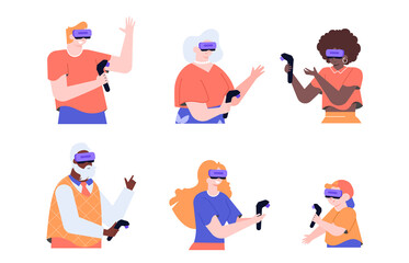 Set of characters of different ages in VR glasses with controllers in their hands. Cyberspace, games, virtual reality training. Vector flat illustration.