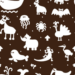 Vector Silhouettes of cartoon funny animals. Seamless Pattern of different animals.
