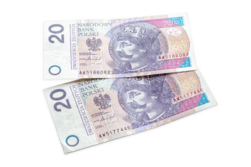 Polish Zloty banknotes isolated on white background.