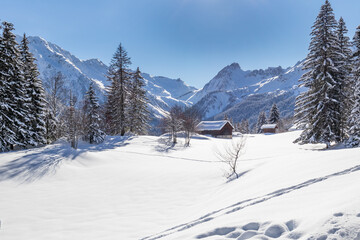 A beautiful blue sky day in the French Alps above Les Contamines-Montjoie