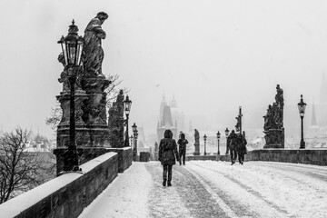 Snow storm on Charles Bridge in Prague