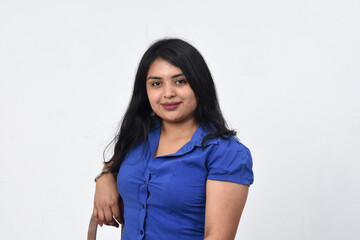 portrait of a latin american woman on white background