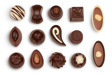 Chocolate candy isolated on white background with clipping path and full depth of field. Top view. Flat lay. Set or collection