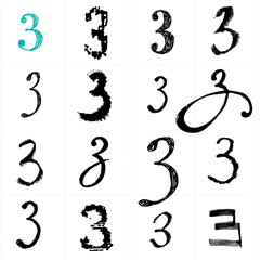 Cyrillic and Latin alphabet. Number 3. Uppercase Russian and Ukrainian handwritten fonts. Drawn with paint and chalk vector fonts. Handwritten letters. Can be used as logo, posters fonts.