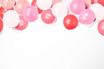 Colorful balloons on white background with copy space, balloon background, love frame, happy valentine's day, mother's day, flat lay, top view
