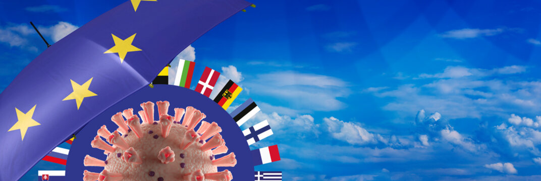 Corona-Hilfen der Europ&auml;ischen Union- neues Hillfspaket beschlossen. EU-Rettungsschirm mit den Flaggen aller europ&auml;ischen Staaten und COVID-19-Virus. Ein blauer Himmel mit Wolken im Hintergrund.