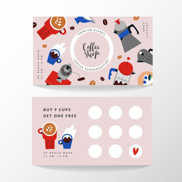 Coffee shop card, loyalty card template for cafe or coffee shop. Place for stamps. Layout with hand drawn illustrations of coffee mugs and brewing tools