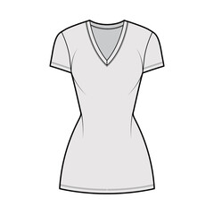 T-shirt dress technical fashion illustration with V-neck, short sleeves, mini length, fitted body, Pencil fullness. Flat apparel template front, grey color. Women, men, unisex CAD mockup