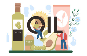 Oil typographic header. Glass bottle of vegatable oil: cocoa, olive, sunflower