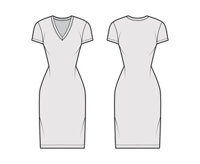 T-shirt dress technical fashion illustration with V-neck, short sleeves, knee length, fitted body, Pencil fullness. Flat apparel template front, back, grey color. Women, men, unisex CAD mockup