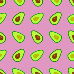 Bright seamless vector illustration of avocado slices on a pink background.
