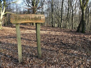 Markierung am Standort vom Limeskastell am Forsthofweg im Wald bei Rheinbrohl am Rhein