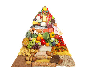 Food pyramid on white background, top view. Healthy balanced diet