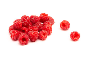 Closeup of red raspberry berries on white background