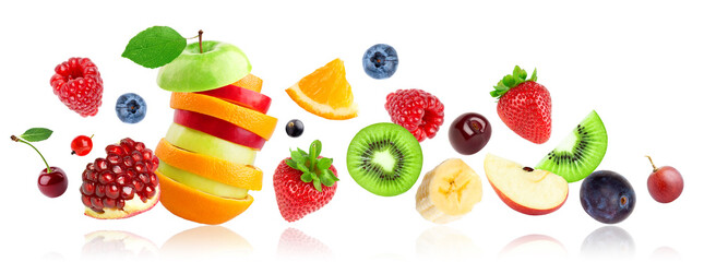 Mixed fruits on white background. Stack of fruits. Falling fruits.
