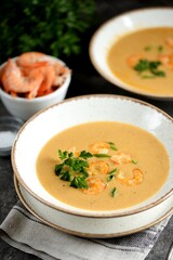 Cream soup with shrimps. Healthly food.