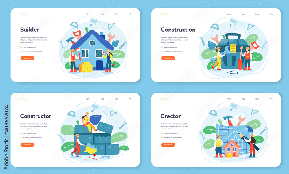Poster house building web banner or landing page set. workers constructing home