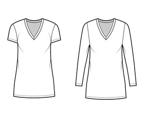 T-shirt dress technical fashion illustration with V-neck, long, short sleeves, mini length, oversized body, Pencil fullness. Flat apparel template front, white color. Women, men, unisex CAD mockup