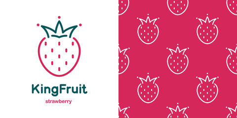 Strawberry with crown in doodle style and seamless pattern. Stylized fruit, berry. Vector, illustration