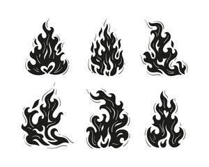 Fire Flame Silhouettes Vector Set. Black and White Fire Flames Tattoo Icons Drawing
