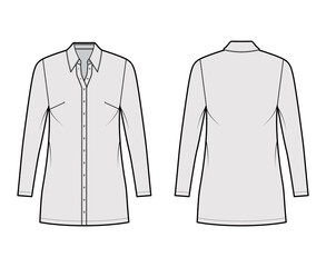 Shirt dress technical fashion illustration with classic regular collar, mini length, oversized, Pencil fullness, button up. Flat apparel template front, back, grey color. Women, men, unisex CAD mockup