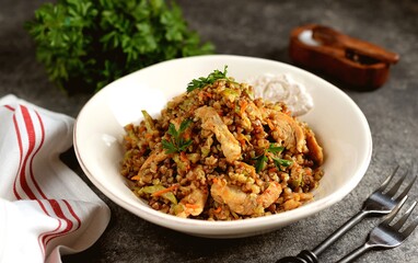 Turkey stew with buckwheat, onion, zucchini and carrots. 