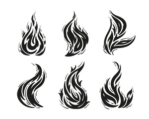 Vector Set of Fire Flame Silhouettes. Black and White Fire Flames Tattoo Icons Drawing
