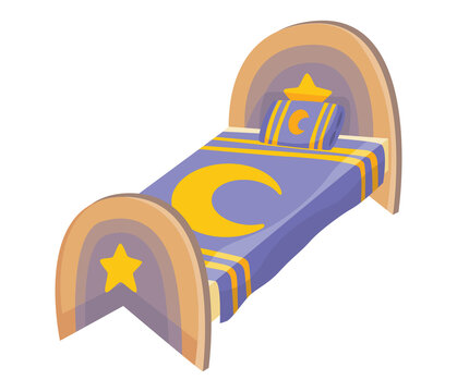 Bed cartoon. Vector illustration of color bed with pillow and cover. Icon of furniture