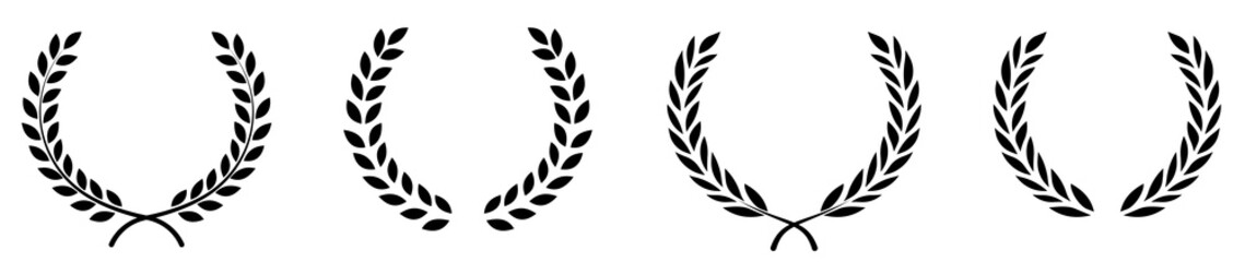 Set of black circular foliate laurels branches.Laurel wreath.Silhouette laurel wreath. Heraldic trophy crest, Greek and Roman olive branch award, winner round emblem. Vector black laurels set © vectorsanta