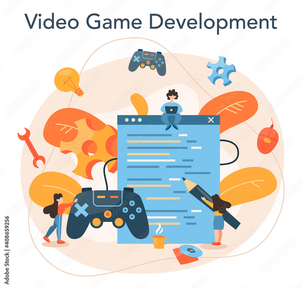 Poster game development concept. creative process of a computer video game