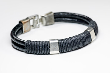 Men's bracelet, silver, black, leather, on a white background. Gift for Valentine's Day, Father's day, Wedding Day and Birthday.