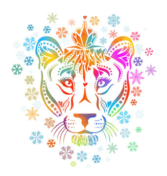 A multicolored lioness. The face of the lion is a rainbow abstract. Vector illustration