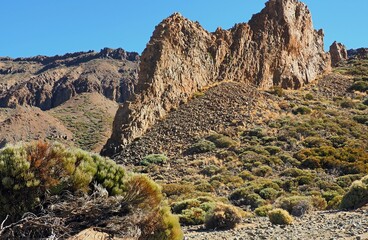 View of the bizarrely shaped volcanic rocks with their different colors in the Canadas Blancas in the Teide National Park on Tenerife