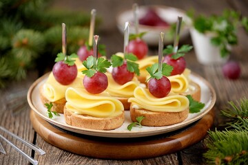 Canapes made from rye bread, cheese and organic grapes. 