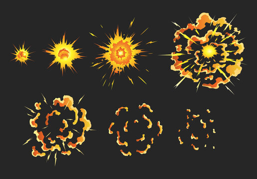 Animation for game of the explosion effect in separate frames. Cartoon animation for game. Exploding effect frames. Hand drawn vector illustration
