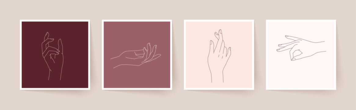 Set of female hands in minimal linear style. Modern single line art. Vector illustration.