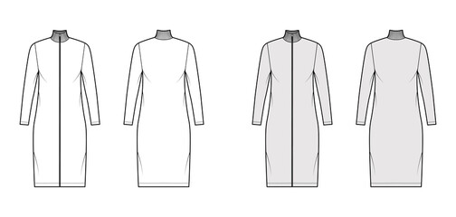 Turtleneck zip-up dress technical fashion illustration with long sleeves, knee length, oversized body, Pencil fullness. Flat apparel template front, back, white grey color. Women men unisex CAD mockup