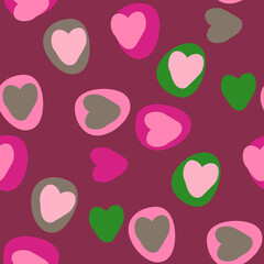 Pretty heart flat design seamless repeating background in purple, pink and green colors