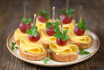 Canapes made from rye bread, cheese and organic grapes. 