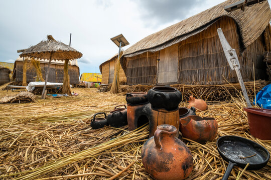 Cooking utensils made of clay used at Uros Islands, Lake Titicaca, Peru