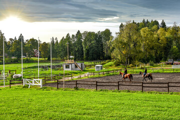 Fototapeta premium Two female equestrians ride thoroughbred horses on a horse farm in late afternoon at the town of Sipoo Finland