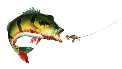 Peacock Bass Cichlid attack golden wobbler bait. Amazon Big Peacock Bass realistic illustration isolate art. - 408662278