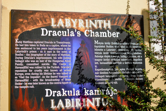 General view of the information sign at the entrance to the underground cave labyrinth at the Buda Castle Complex in Budapest Hungary on September 14 2021. 