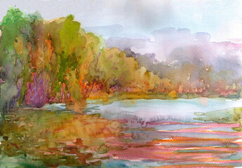 Hand-drawn watercolor river landscape, bright sunny day.