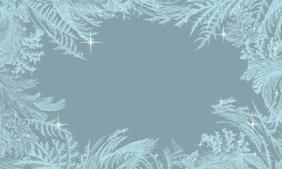 Frost ice window pattern, winter Christmas design frame, fresh cool hand drawn complicated graphic background illustration with sparkles