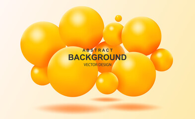Abstract background with falling 3d orange balls. Dynamic flying colorful bubbles, futuristic composition with glossy spheres. Modern trendy banner or poster design. Realistic vector illustration.