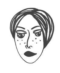 Woman face creative line drawing. Black and white cartoon.