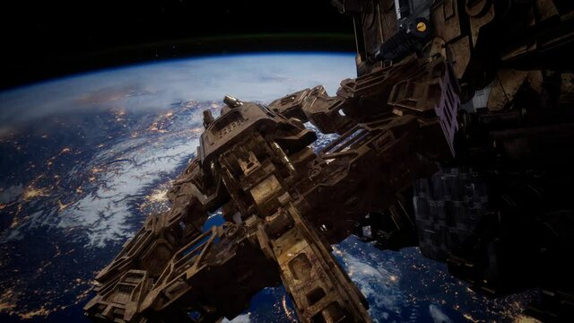 flying an animated space station. 3d rendering. elements furnished by Nasa