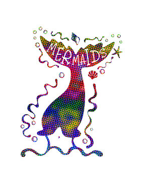 Mermaid tail silhouette with rainbow gradient halftone polka dots texture.Stencil drawing of a fin of a fairy tale character.Mermaids have more fin text lettering.Ocean water waves.Vinyl wall sticker.