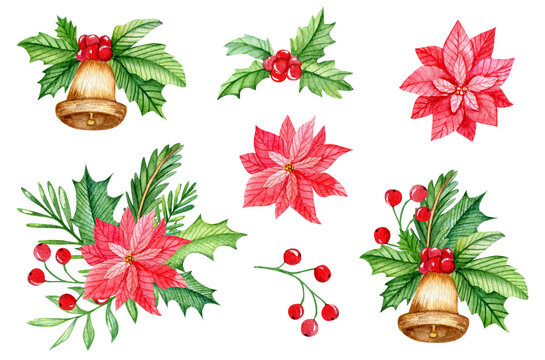 Watercolor christmas compositions with poinsettia flowers and jingle bells. Hand drawn elements isolated on white background